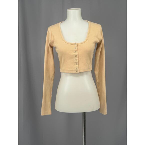 Meshki Cropped Shirt Womens Small Scoop Neck Long Sleeve Slim Top Button Y2K - Picture 1 of 7